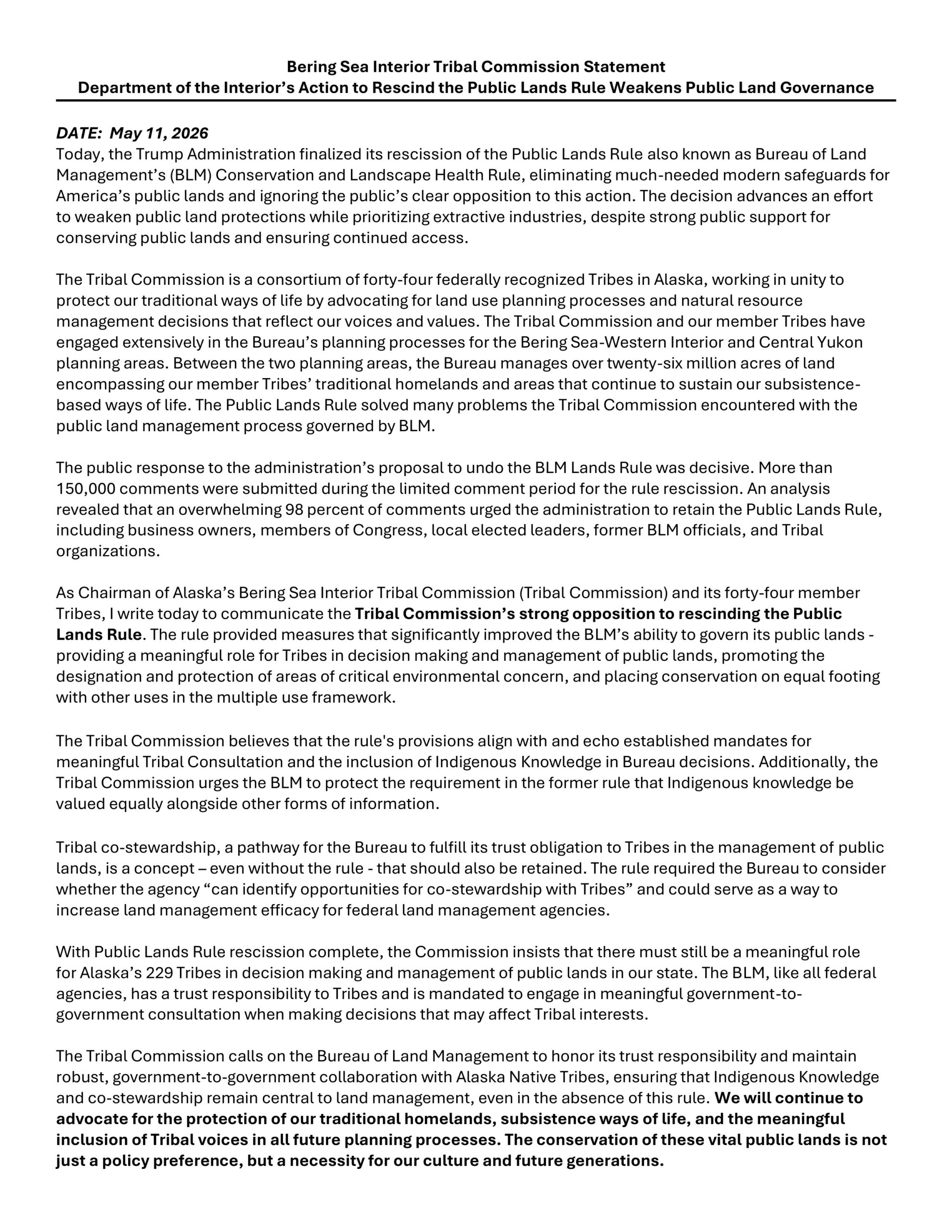 Final BSITC Statement on BLM Lands Rule Recission 5-11-26